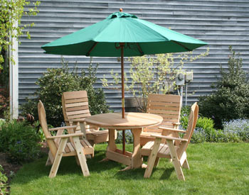 Red Cedar Bistro Patio Dining Collection shown Unstained with Optional 7.5 Forest Green Umbrella & Umbrella Hole