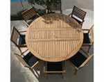 72" Teak Round Table and Slat Back Stack Chair Set 